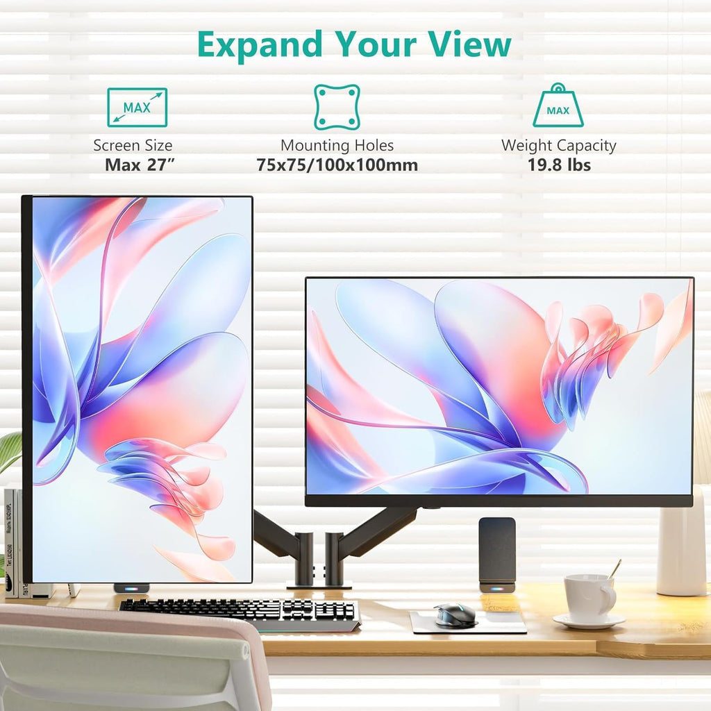 Adjustable Dual Monitor Arm for 13-27 inch Screens, 19.8 lbs per Arm | Dual Monitor Desk Mount, Full Motion with