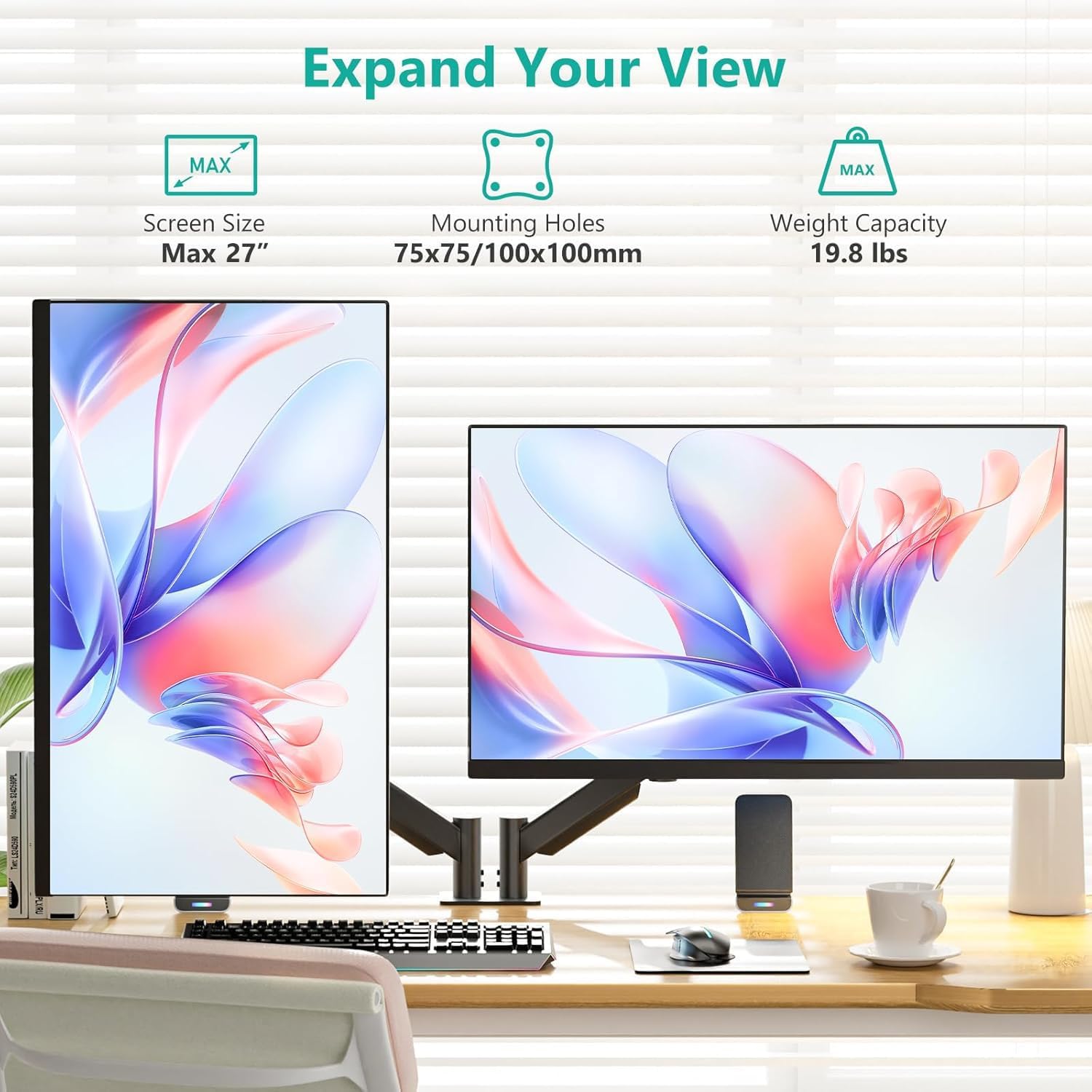 Adjustable Dual Monitor Arm for 13-27 inch Screens, 19.8 lbs per Arm | Dual Monitor Desk Mount, Full Motion with