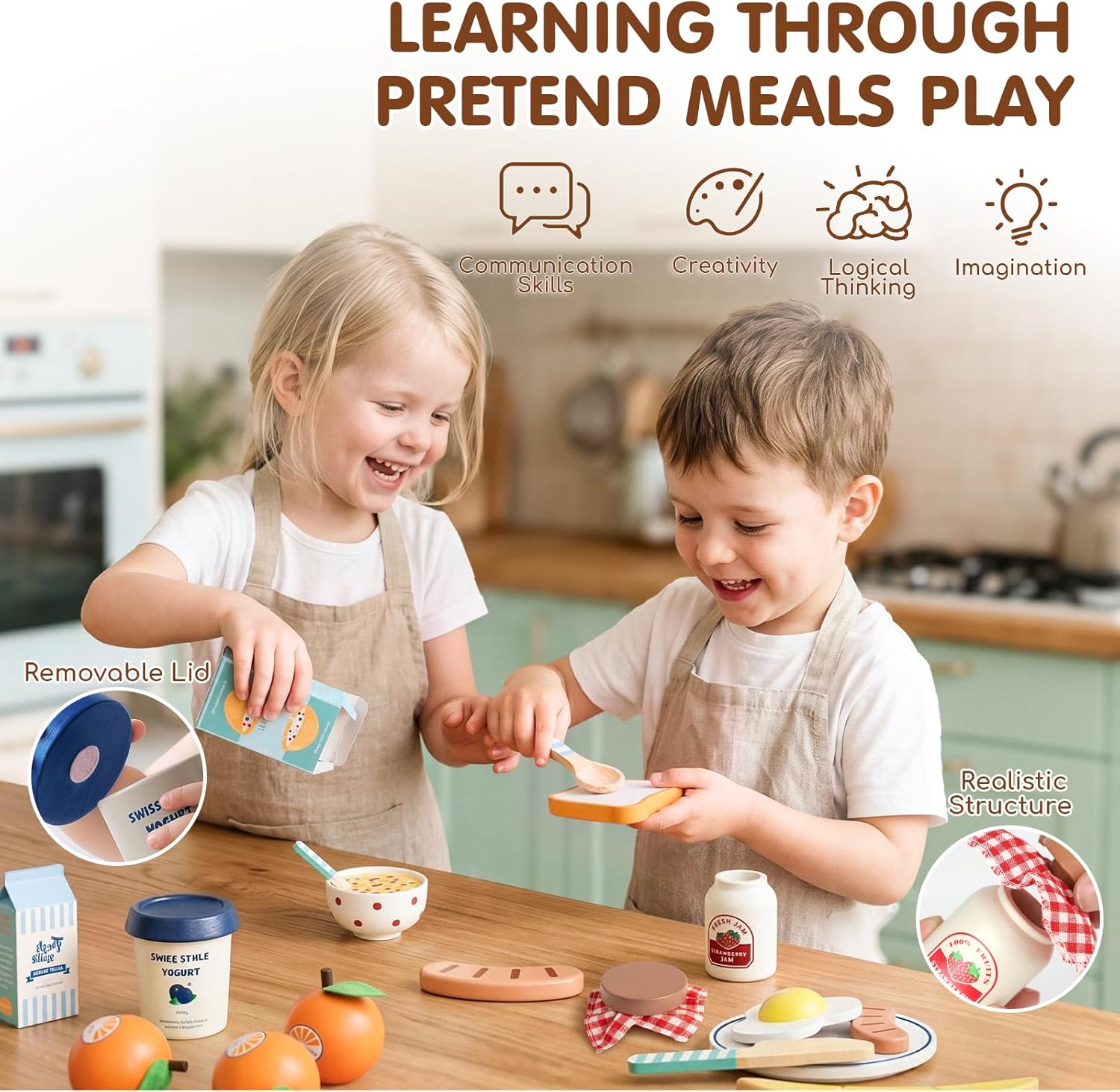 Wooden Play Food Set - Montessori Cutting Fruit Egg Bread, Pretend Breakfast Food Toys for Kids Kitchen, Educational