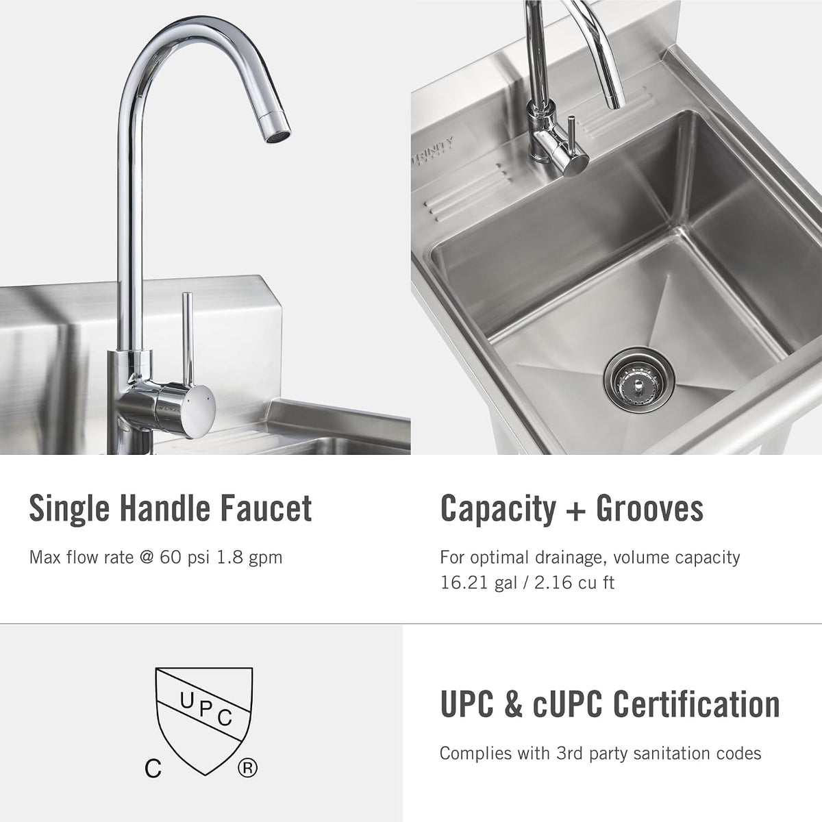 Basics 21.5" NSF Freestanding Stainless Steel Utility Sink w/Faucet