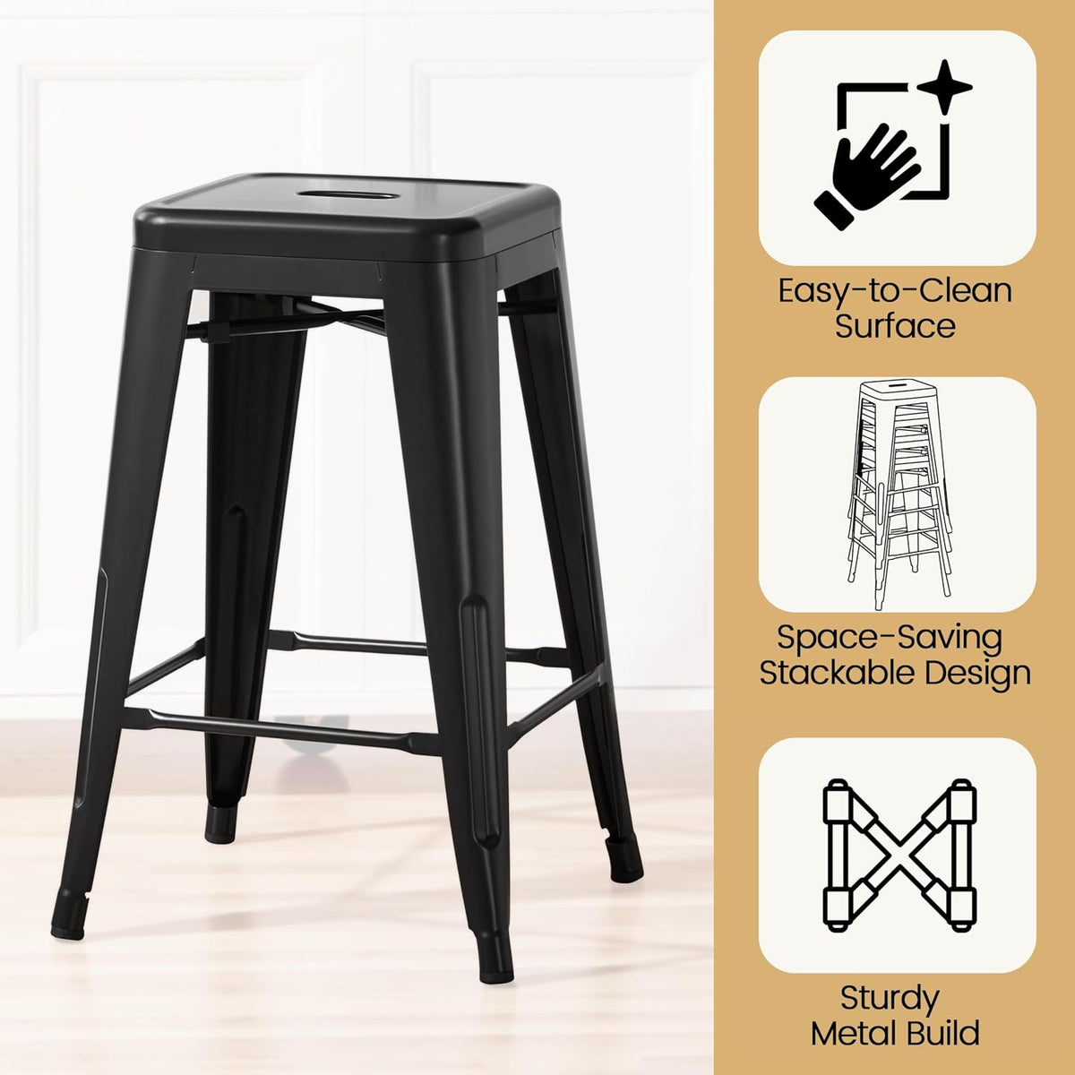 24 Inch Metal Bar Stools Set of 4, Stackable Barstools, Black