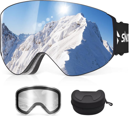 Ski Goggles, Snowboard Goggles with 2 UV400 Anti-Fog Detachable Magnet Lenses for Men & Women Adult