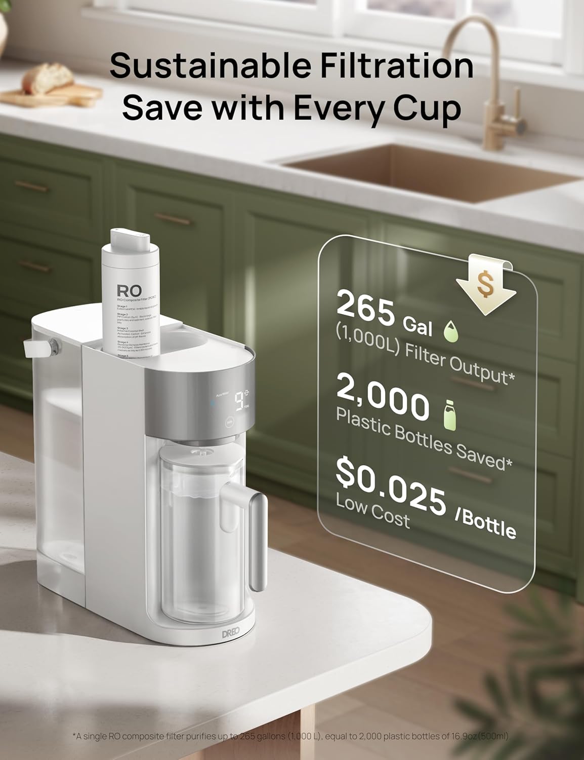 Reverse Osmosis Water Filter Countertop, RO Filtration System, 3:1 Pure to Drain, TDS & Filter Life & 2 Autofill