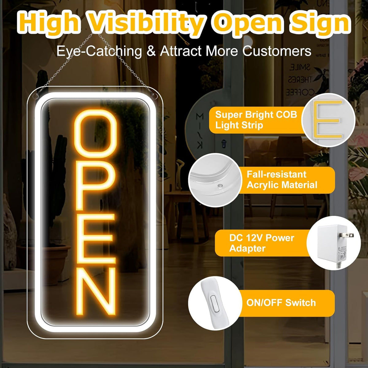 16"x 9" Super Bright Open Sign,12V LED Neon Open Signs for Business for Window, with ON/OFF Switch, Electric Light up