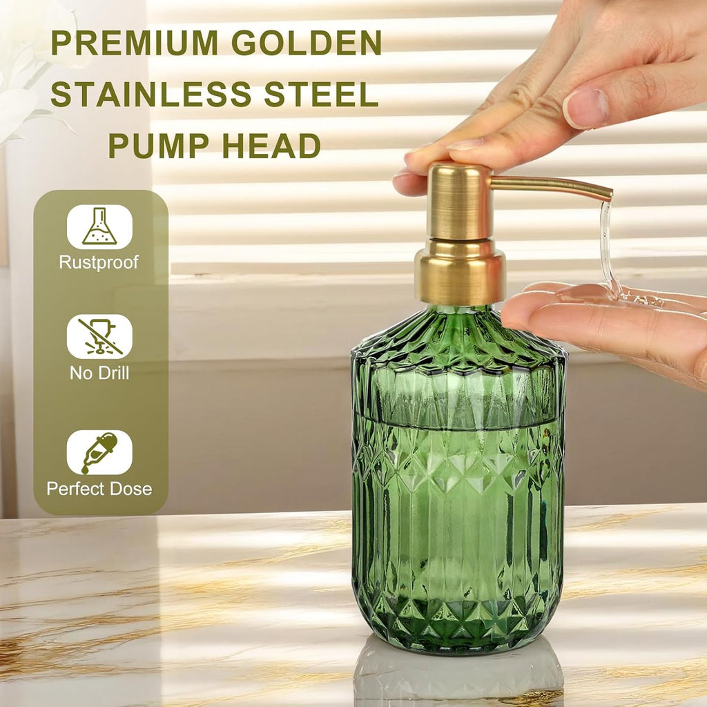 Green Glass Soap Dispenser (15.4 Oz, 2 Pack), Kitchen Hand and Dish Soap Dispenser Set with Golden Rust Proof Pump