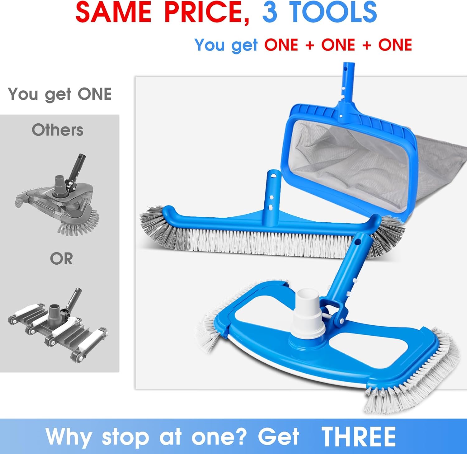 3-in-1 TidyMister Pool Cleaning Kit – Deep Grabber Pool Net, 17.5" Scrub Brush,Weighted Vacuum Head for Leaves, Algae