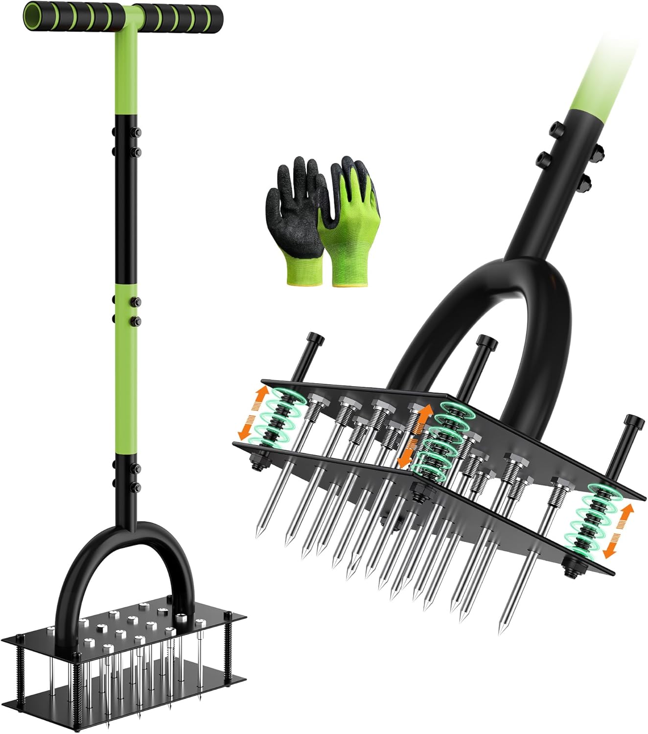 Lawn Aerator Tool with 16 Spikes, Manual Yard Aerator, Black Green | 16-Spike metal design with automatic soil