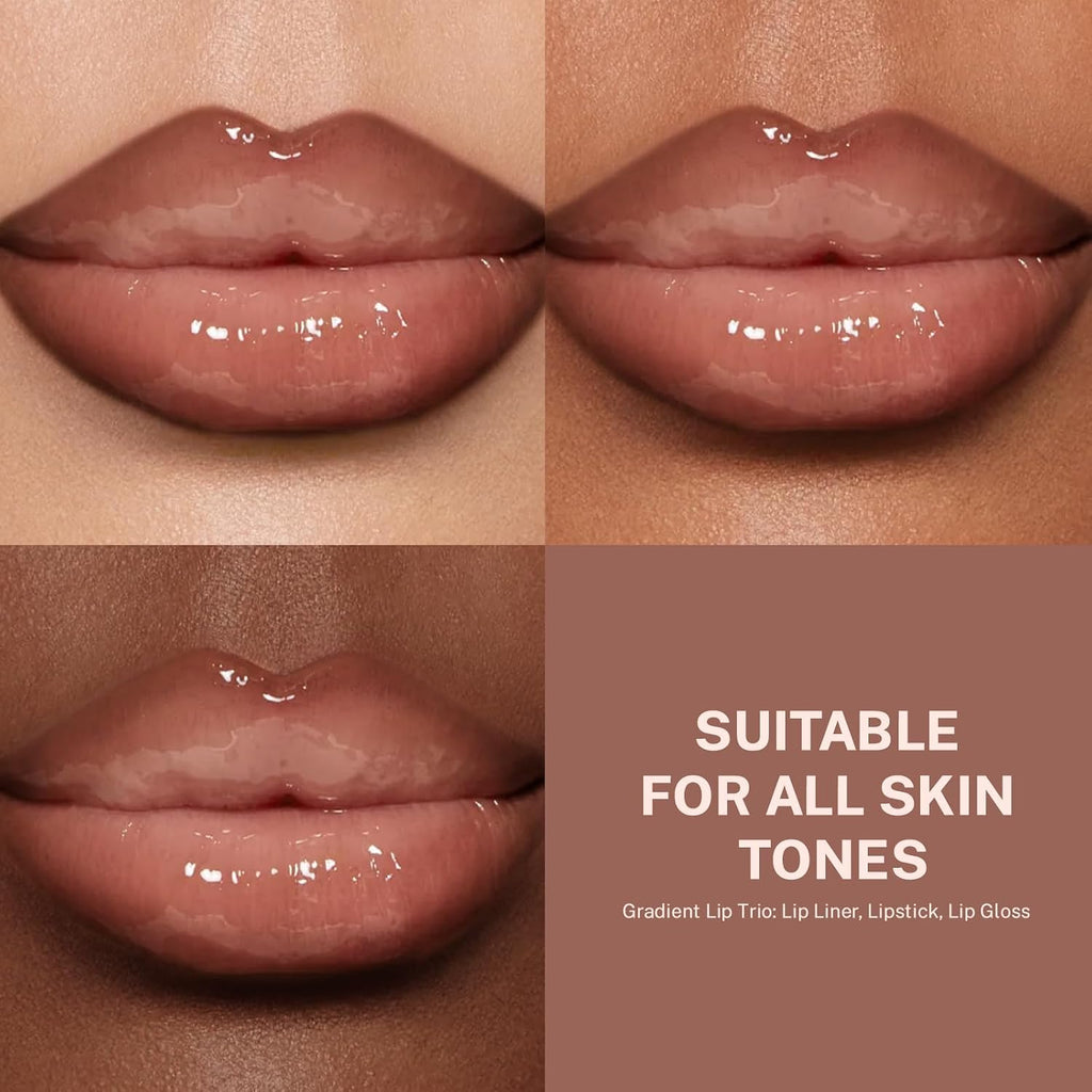 3Pcs Lip Combo Set, Lip Kit with Brown Plumping Lip Liner & Nourishing Lipstick & Nude Glossy Lip Gloss