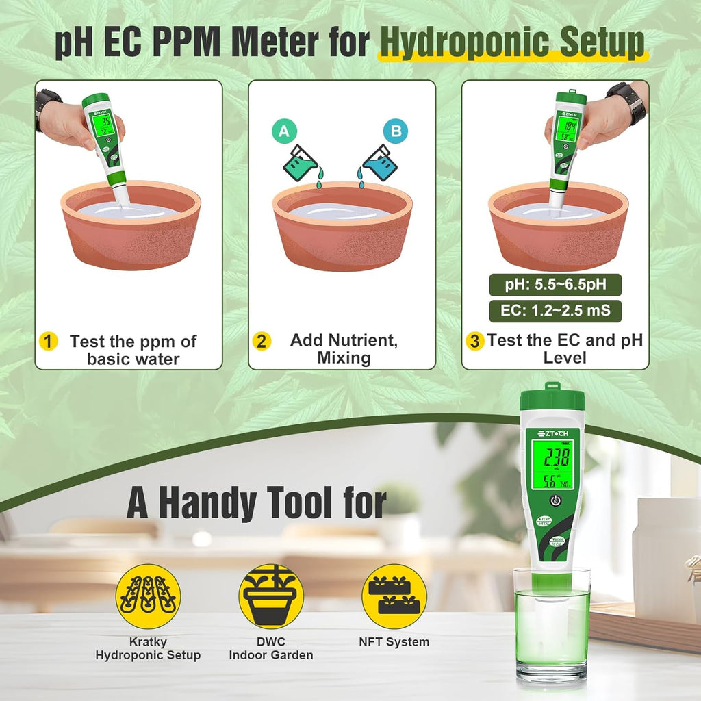 Hydroponic pH EC Meter, Water pH TDS PPM Meter