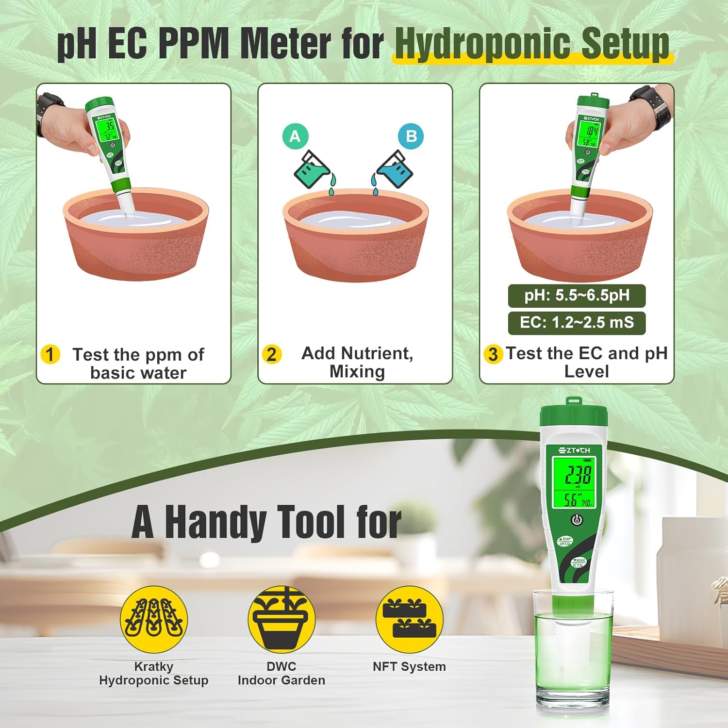 Hydroponic pH EC Meter, Water pH TDS PPM Meter