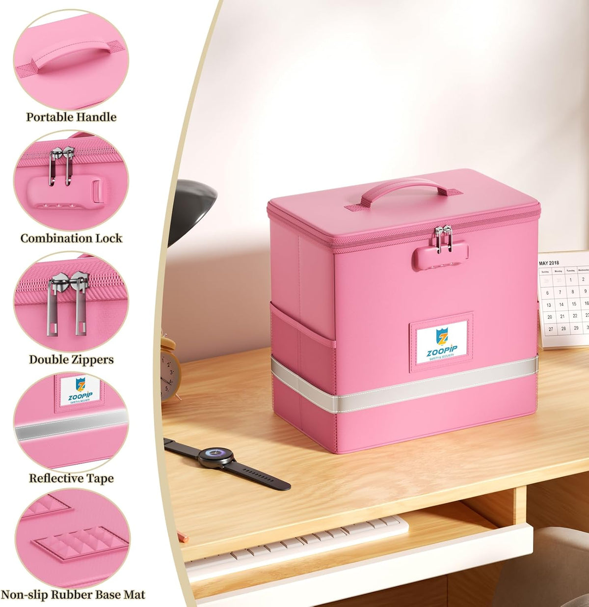 Fireproof File Box with Lock, Collapsible Document Organizer, Pink