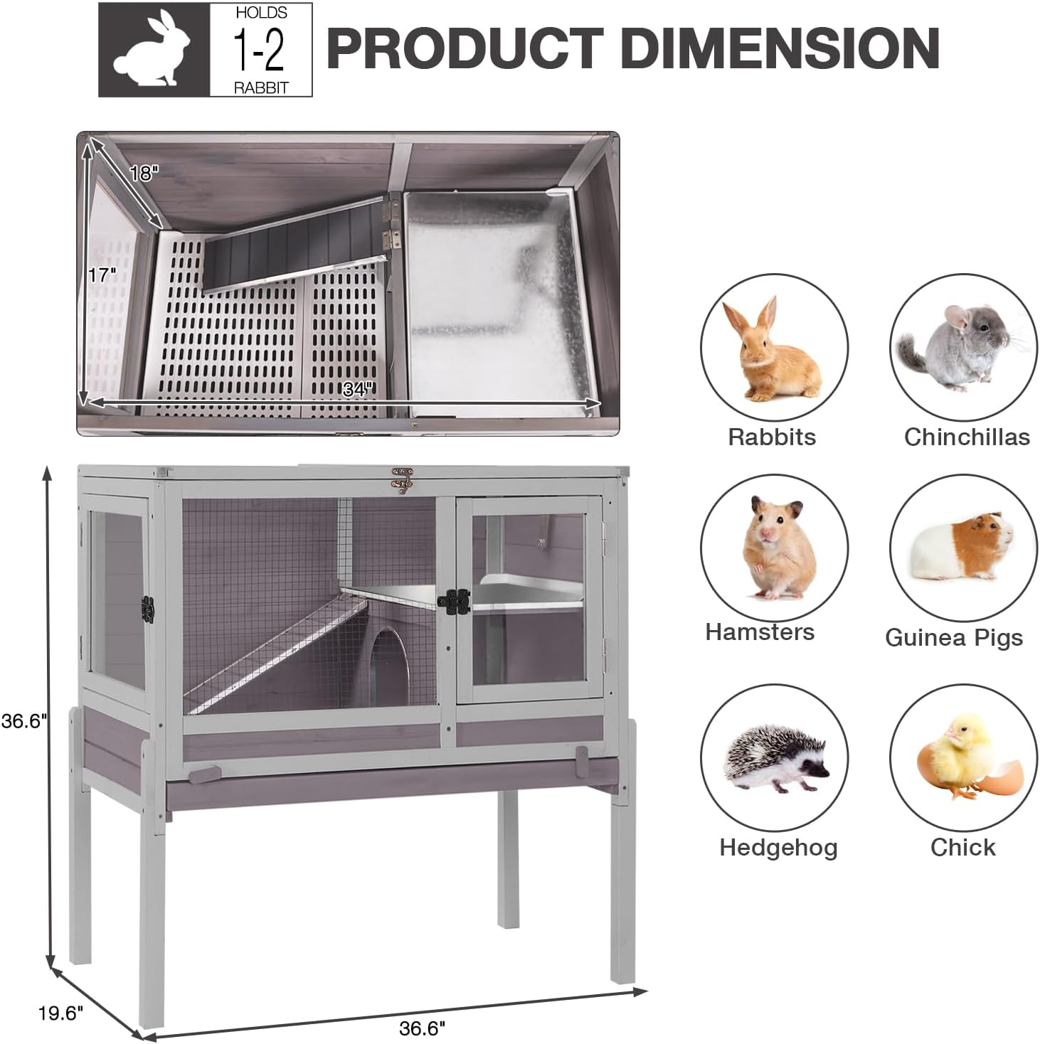 Wooden Guinea Pig Cages Indoor with Plastic Floor and Pull Out Tray, Two-Story Rabbit Cage with Anti-Chewing Ramp