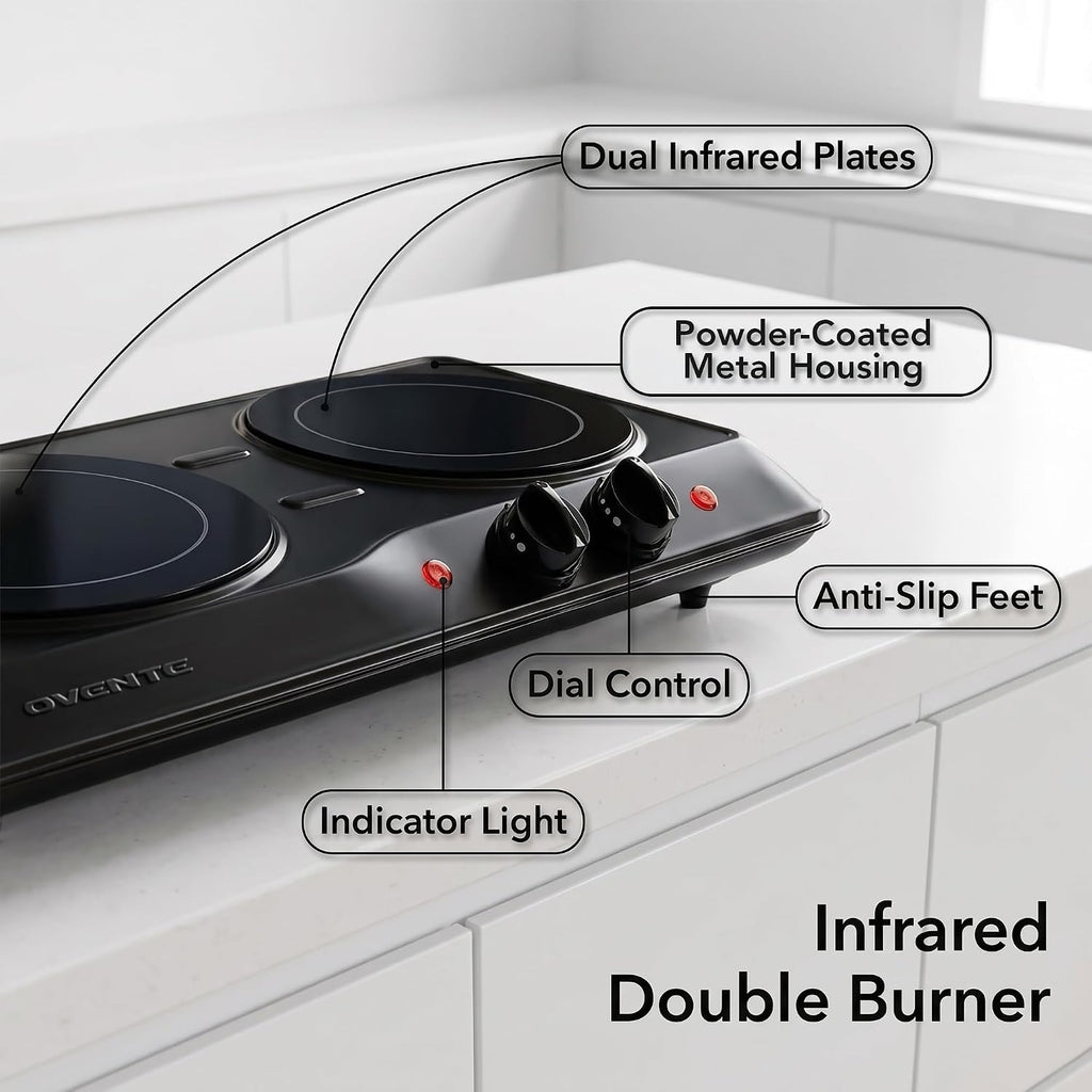 Electric Infrared Double Burner, 1700W Hot Plate, Black BGI102B