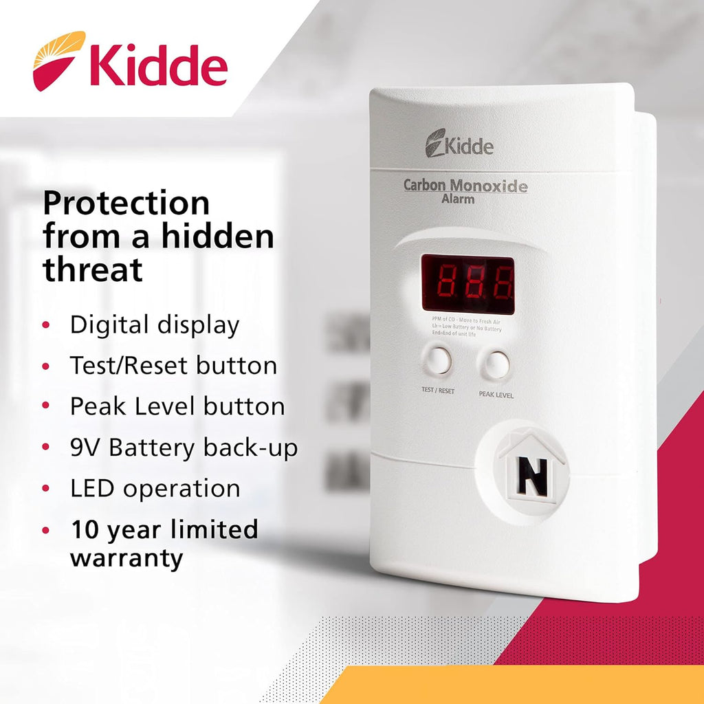 Carbon Monoxide Detector, Plug-In with 9V Battery Backup, Digital Display, 85 dB Alarm, LED Status Light Indicators