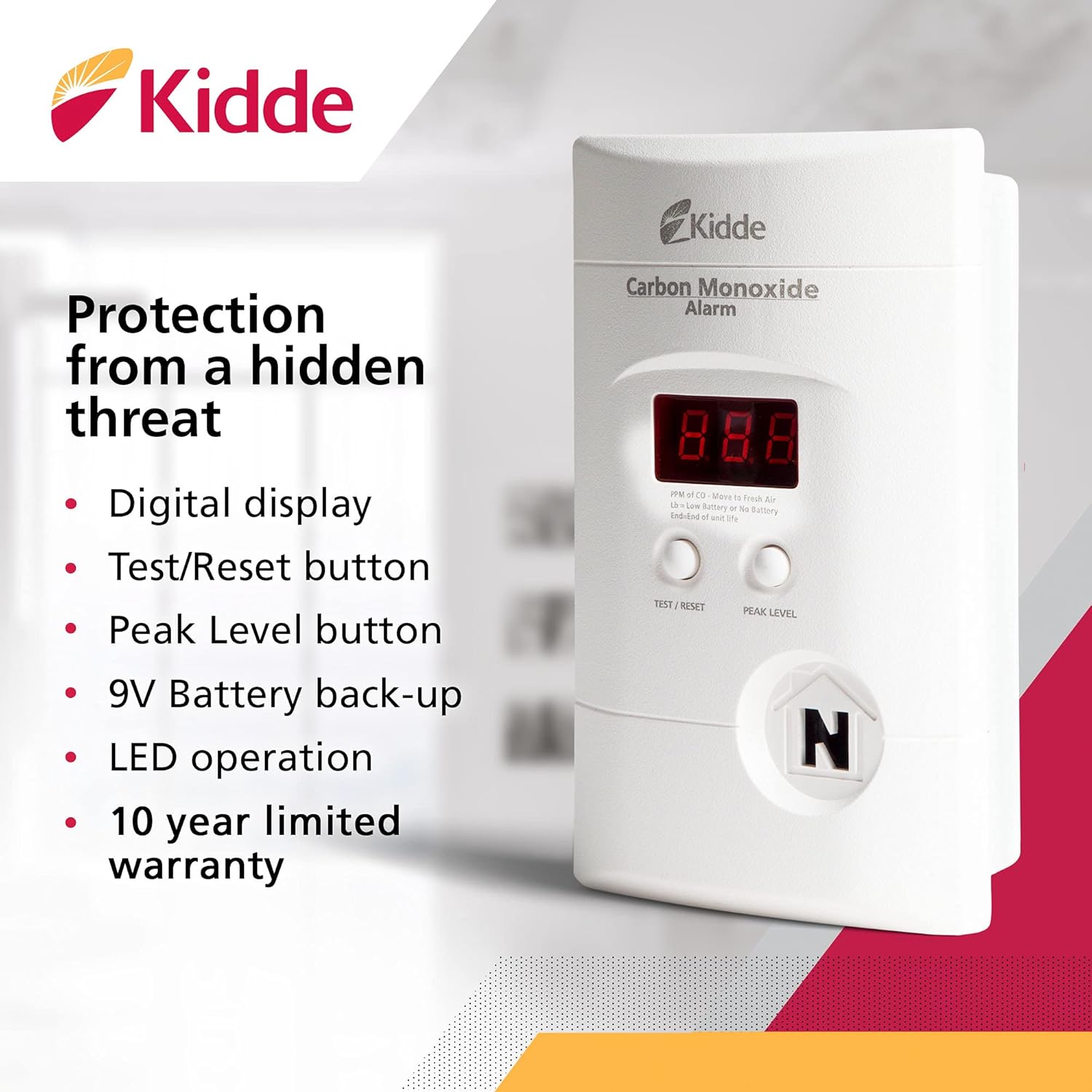 Carbon Monoxide Detector, Plug-In with 9V Battery Backup, Digital Display, 85 dB Alarm, LED Status Light Indicators