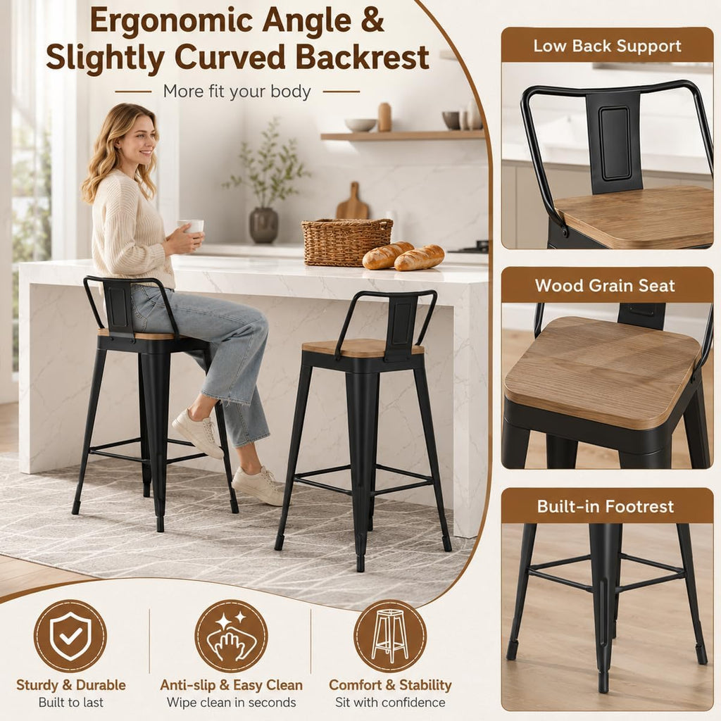 Metal Bar Stools Set of 4, 30" Black Bar Height Stools with Back