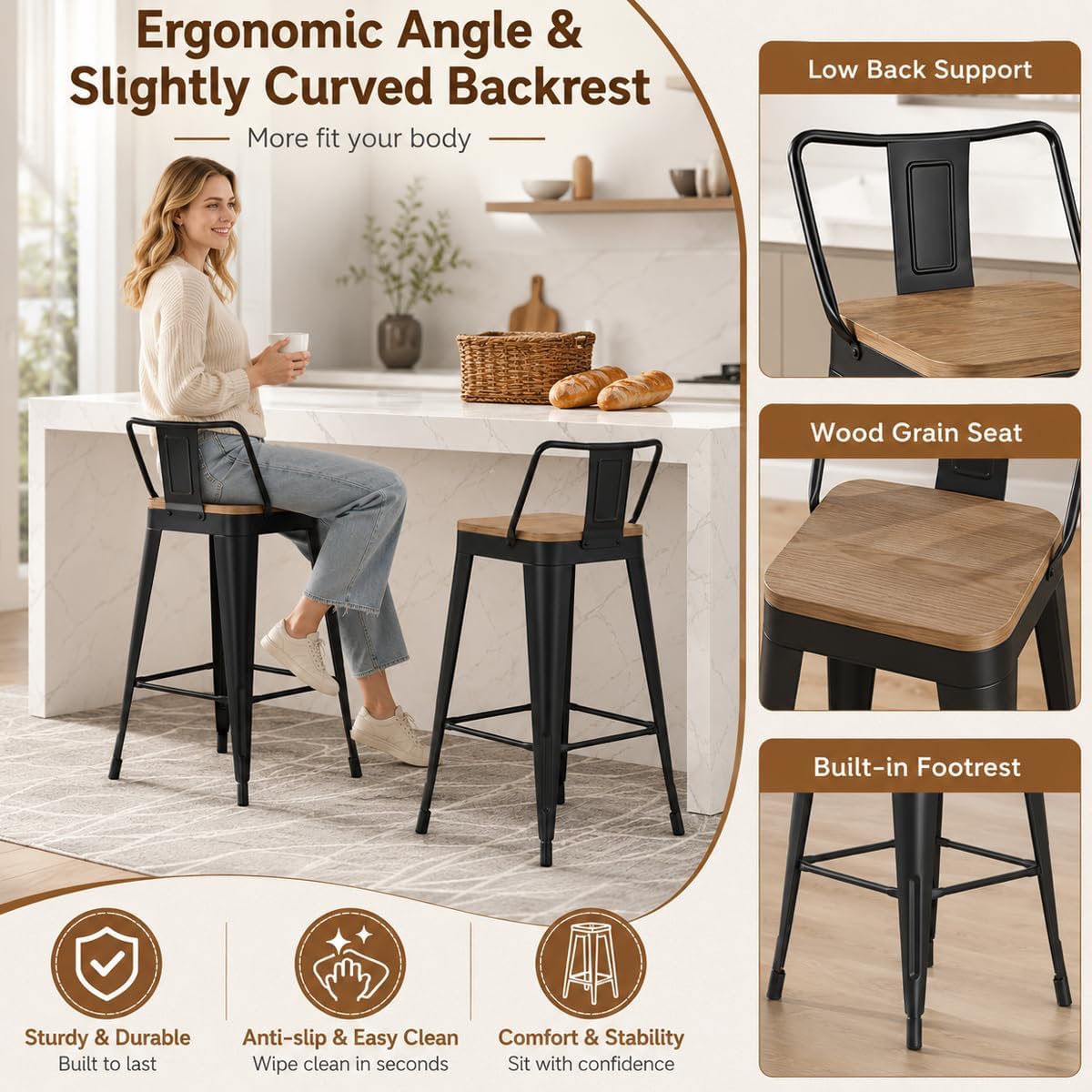 Metal Bar Stools Set of 4, 30" Black Bar Height Stools with Back