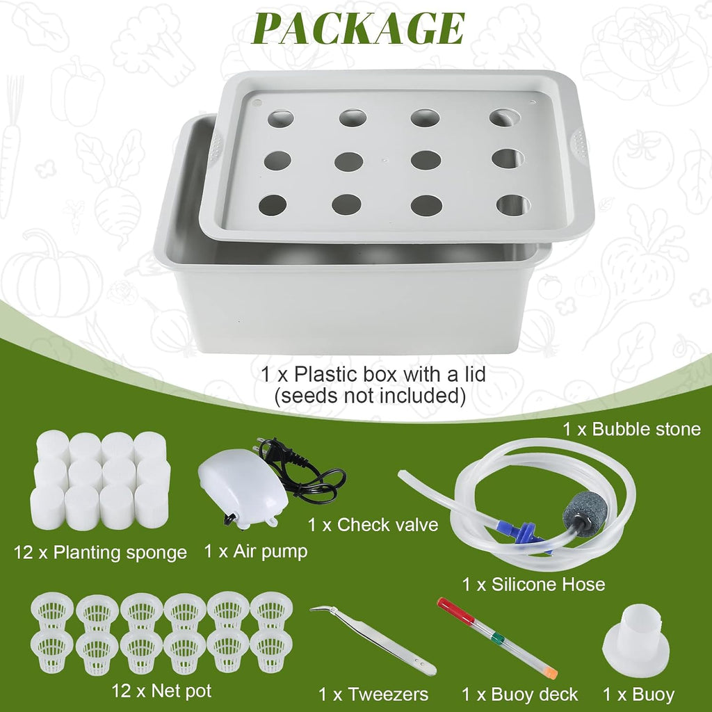 Indoor Hydroponic Grow Kit 12 Sites Deep Water Culture System | Hydroponic Garden Kit with Air Pump, Bubble Stone &