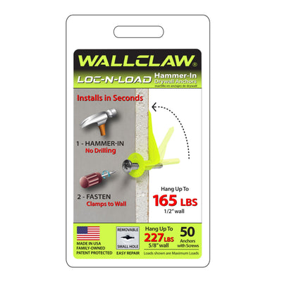 WallClaw Loc-N-Load Hammer-in Drywall Anchors & Screws, 50 Pack
