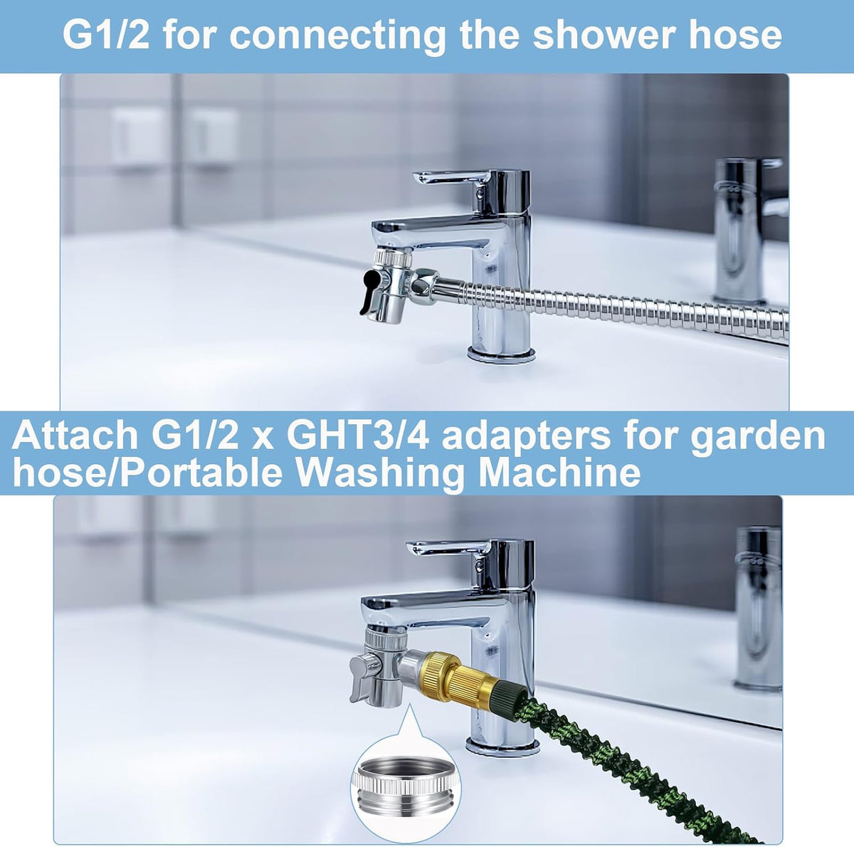 2 Pack Faucet Diverter Valve with Aerator, 55/64"-27 Female Inlet, 15/16"-27 Male Adapter, G1/2 and 3/4" GHT Adapters for Sink Faucet, Shower Hose and Portable Washer