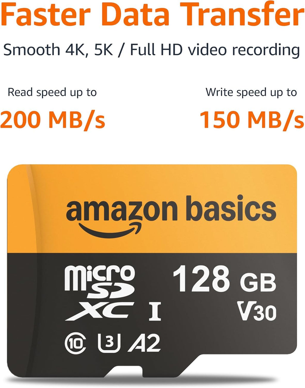 128GB microSDXC Memory Card with Adapter for Smartphones, Drones, Cameras, Full HD, Read Speed Up to 200MB/s, 1-Pack