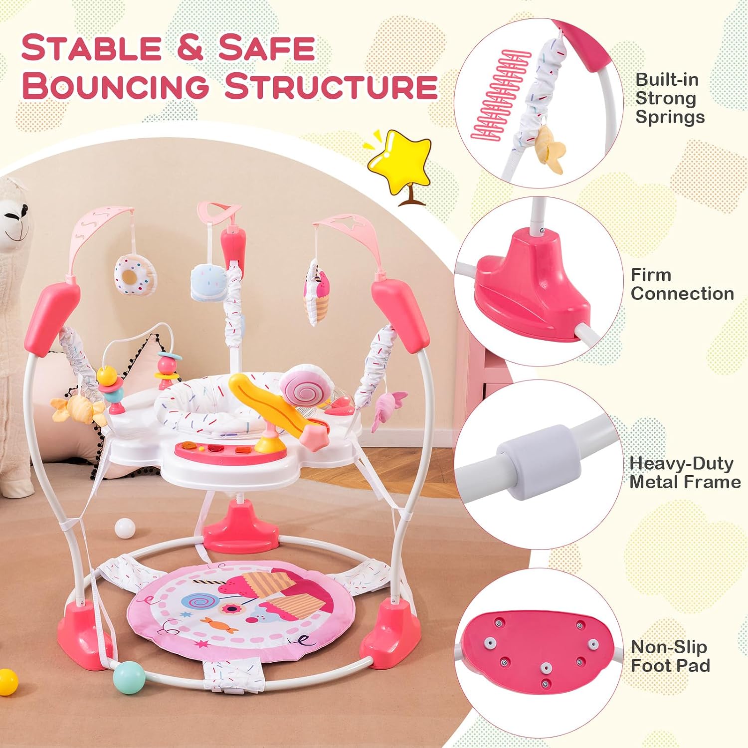 Baby Jumpers and Bouncers, Infant Activity Center with Music Lights Sounds, 360° Rotating Seat and 3 Adjustable