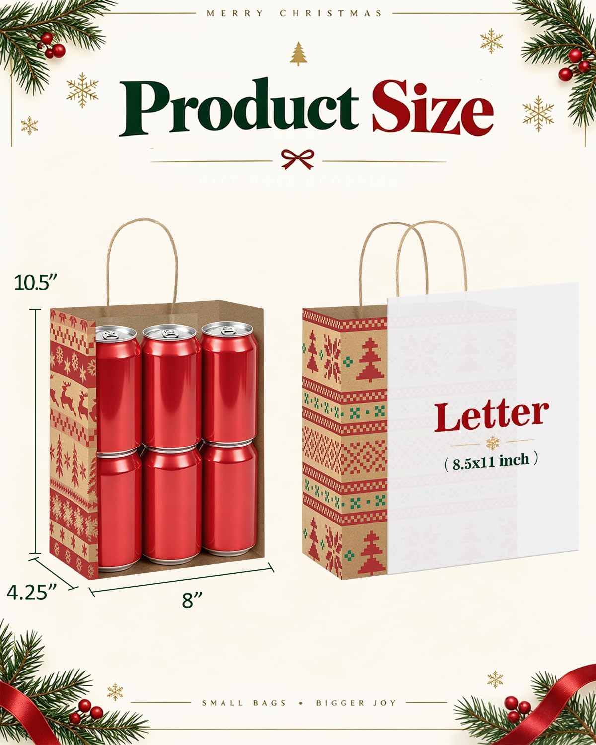 Christmas Gift Bags with Handles, 36 Pack, 8x4.25x10.5 in Kraft
