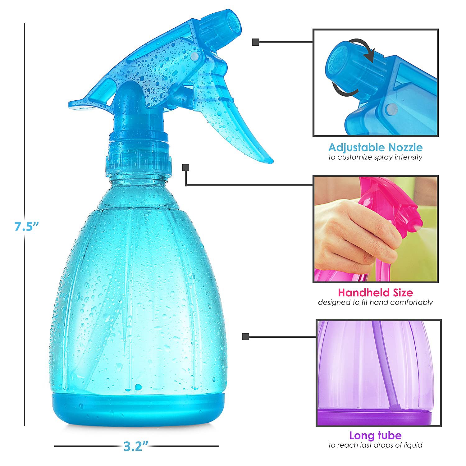 Plastic Spray Bottles - 12oz (3 Pack) Water Spray Bottle for Hair, Gardening, Grilling & Cleaning Solution - Empty