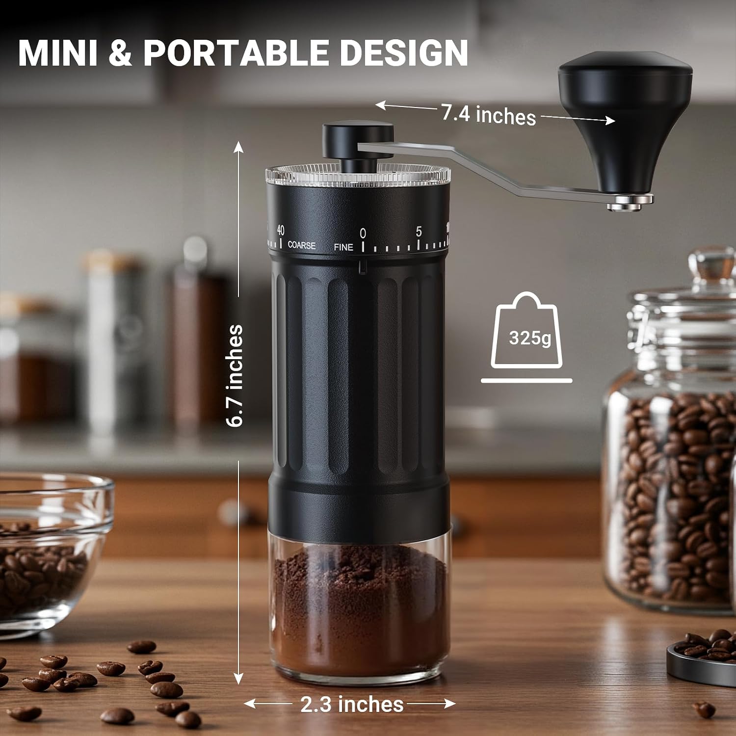 Mini Manual Coffee Grinder With 40 Adjustable Settings, Black | Portable Hand Coffee Bean Mill with Ceramic Conical