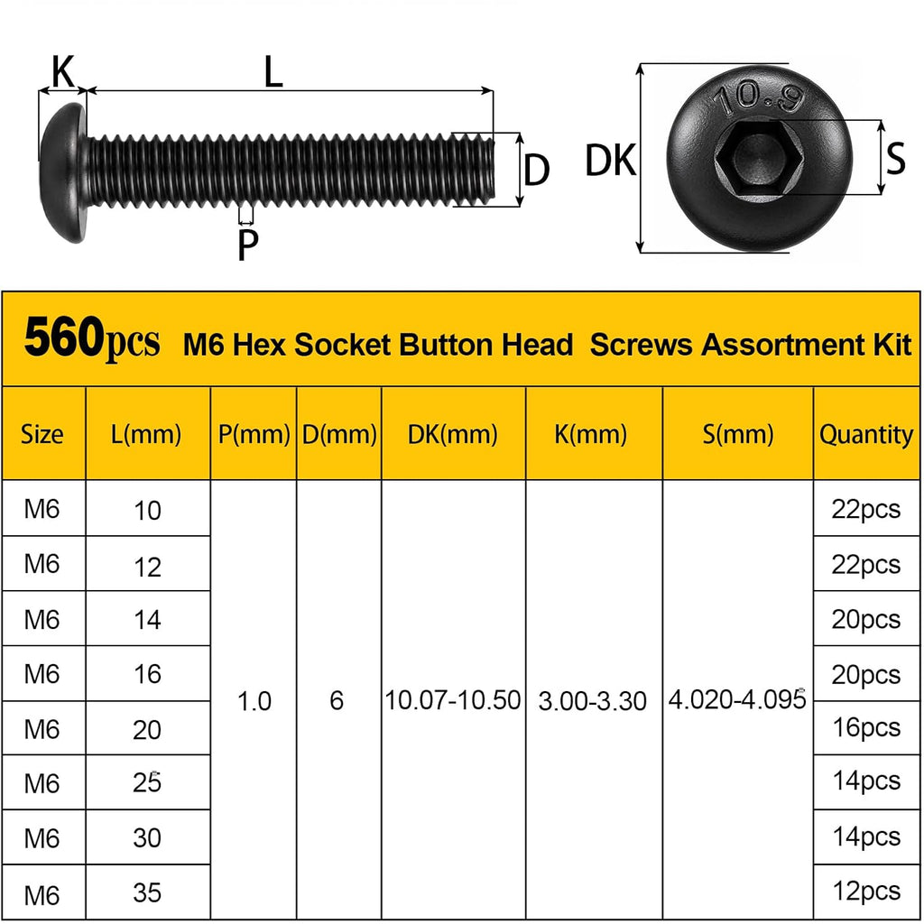 560PCS M6 Hex Button Head Screws Bolts Nuts Washers Assortment Kit
