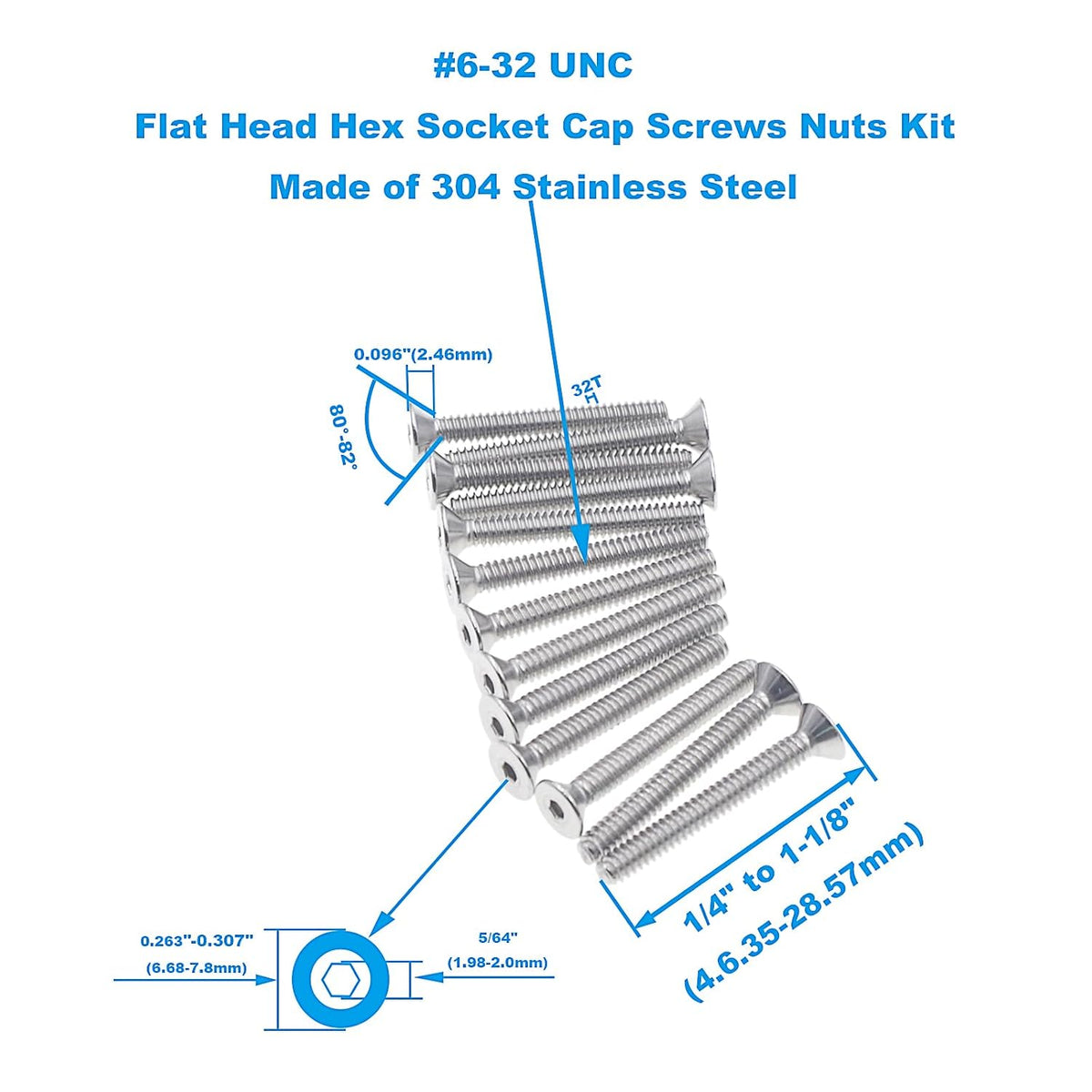 #6-32 UNC 304 Stainless Steel Flat-Head Socket Cap Screws, Nuts Kit