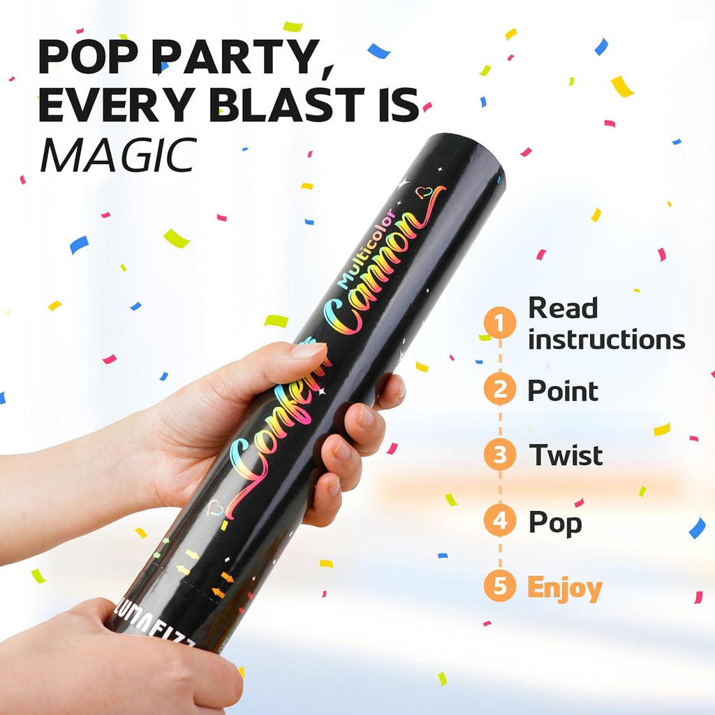 12in Confetti Cannons 6pk,LUMAFIZZ Multicolo Eco-Friendly Confetti Poppers
