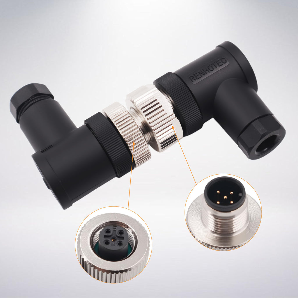 M12 Aviation Connector,4pcs 5-Pin Female Right Angle Socket Panel A Code Field Wireable IP67 Waterproof Industrial Circular Connector
