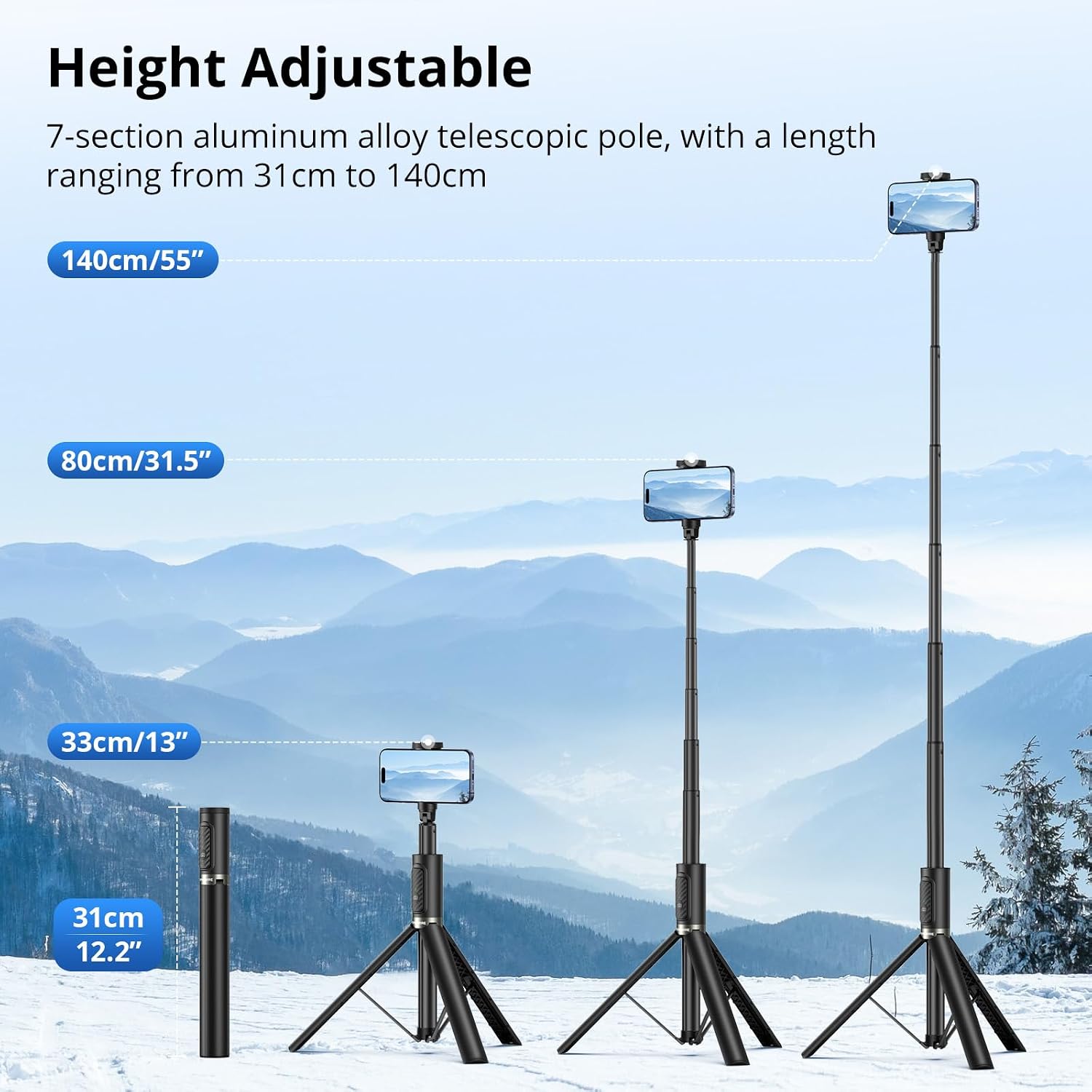 55" Selfie Stick Phone Tripod for iPhone, All-in-one Extendable Aluminum Selfie Stick with Remote, Travel Tripod for