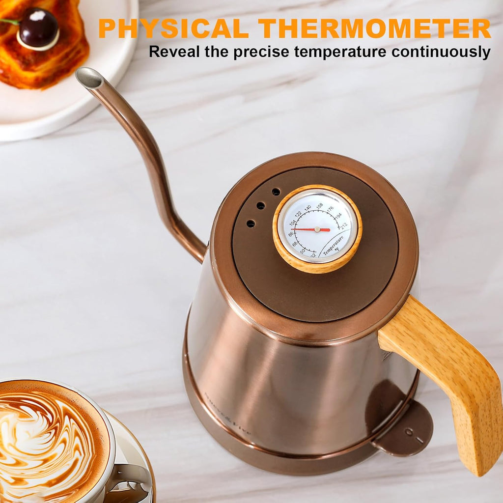 Electric Gooseneck Kettle with Thermometer, 1.0L Pour Over Hot Water Kettle for Coffee and Tea, 1000W, Auto Shutoff