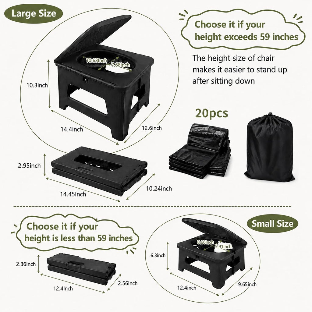 Portable Toilet for Adults, Folding Camping Toilet for Road Trips | 20pieces Leak-Proof Bags, RV Toilet, Boating, Car