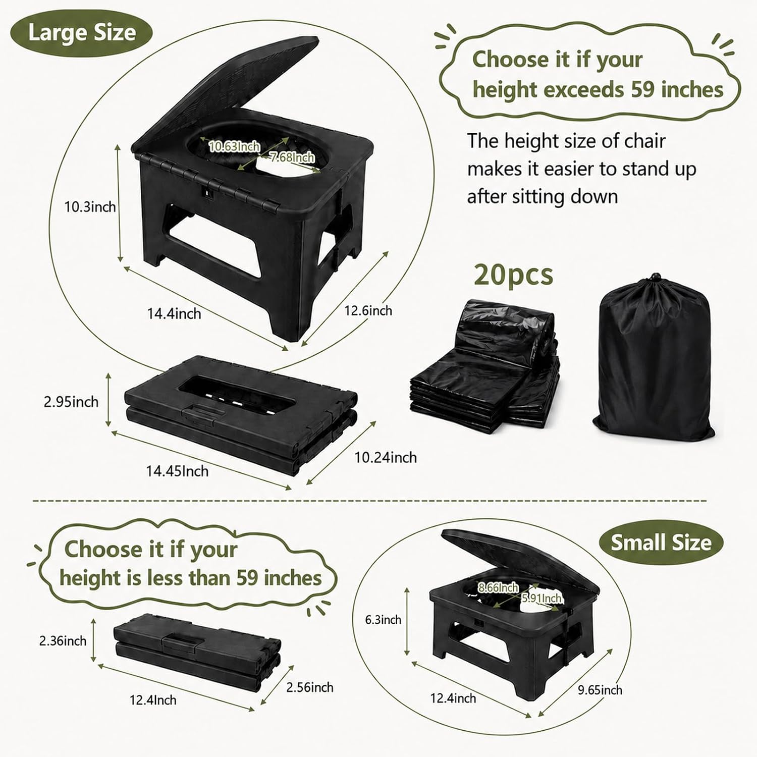 Portable Toilet for Adults, Folding Camping Toilet for Road Trips | 20pieces Leak-Proof Bags, RV Toilet, Boating, Car