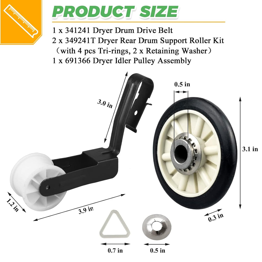4392065 Dryer Repair Kit with 349241T Drum Roller Kit, 691366 Idler Pulley and 341241 Belt by Techecook - Replacement