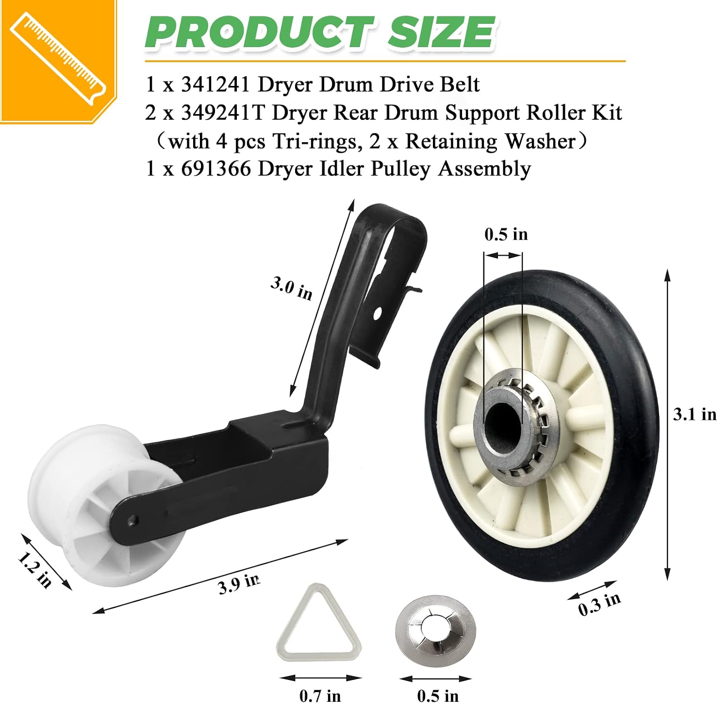 4392065 Dryer Repair Kit with 349241T Drum Roller Kit, 691366 Idler Pulley and 341241 Belt by Techecook - Replacement