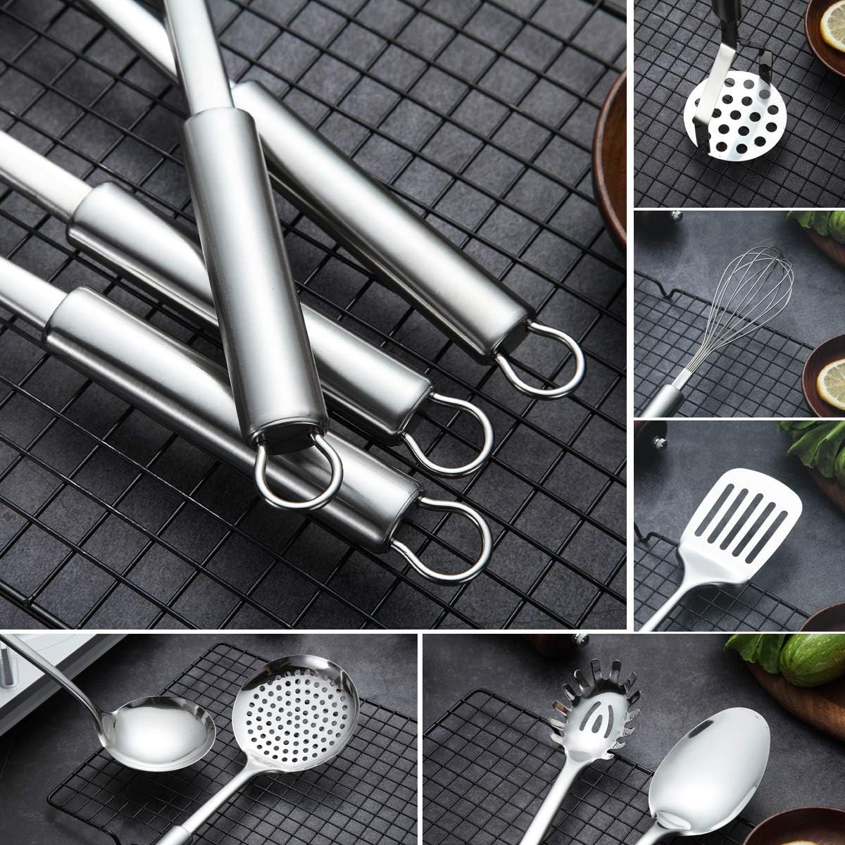 Cooking Utensil Set 8 Piece, Stainless Steel Kitchen Tool Set with Stand,Cooking Utensils, Slotted Tuner, Ladle