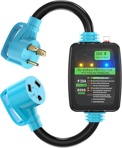 30 Amp RV Surge Protector Adapter Cord with Circuit Breaker | Circuit Analyzer, 8000 Joules, NEMA TT-30P Male to
