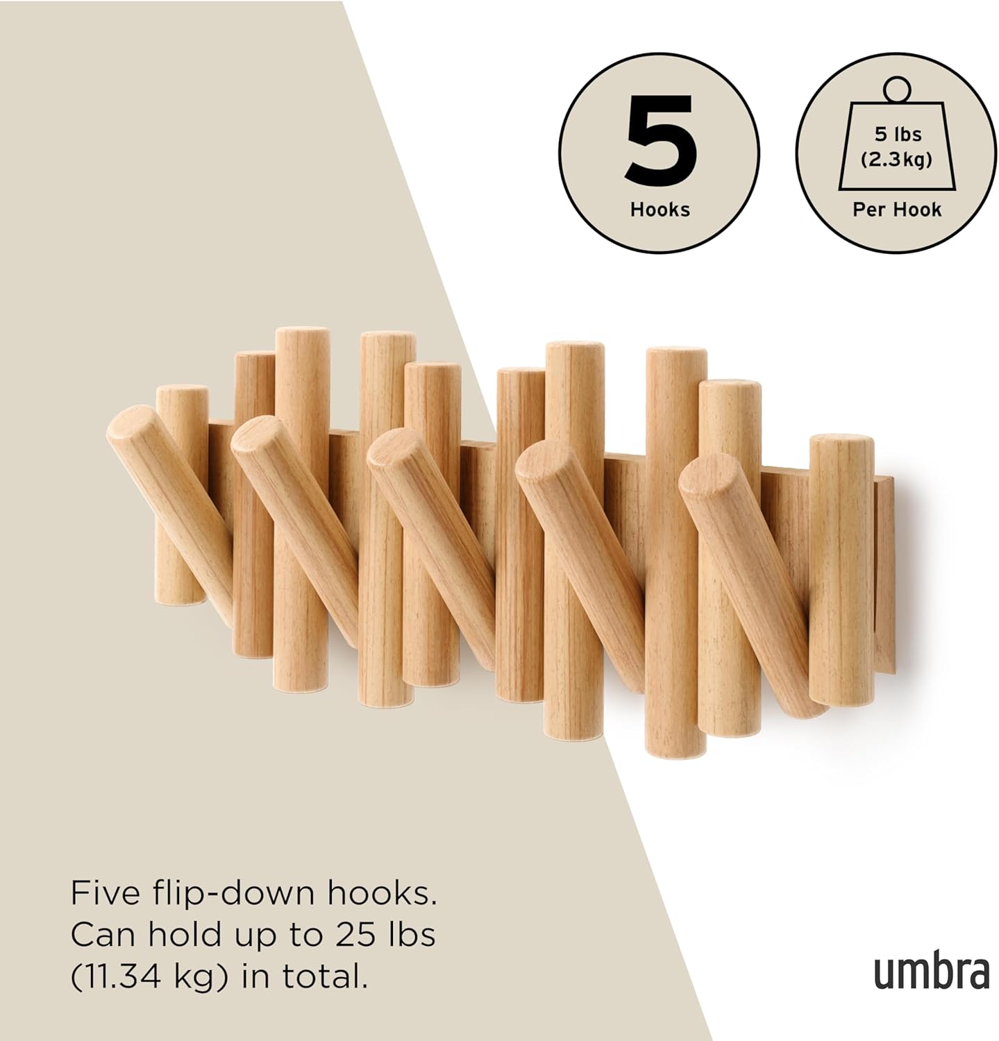 Picket Coat Rack Wall Mount – 5 Flip-Down Wood Coat Hooks, Modern & Functional Storage, Easy Install Wall Hooks, Natural