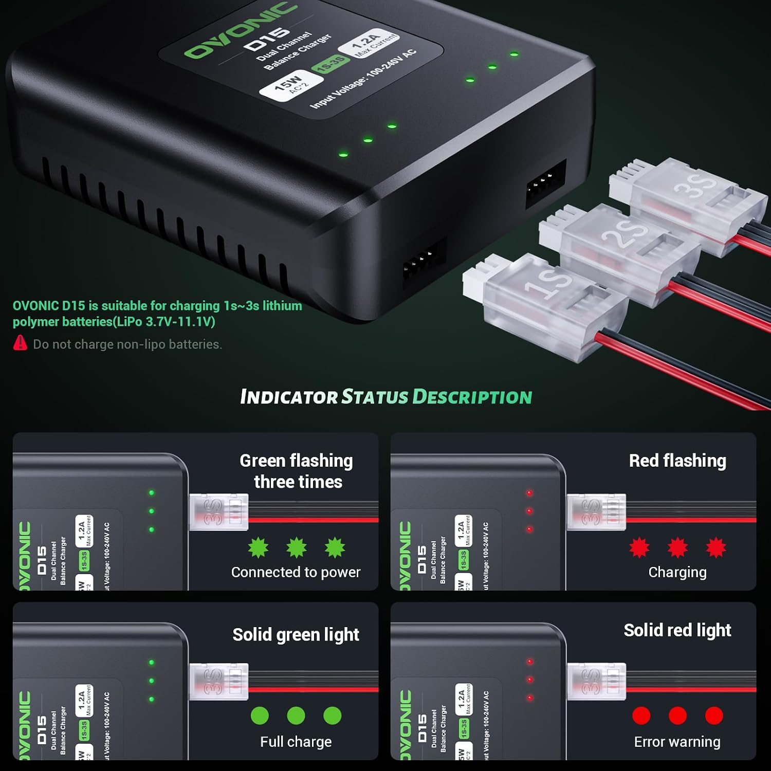 D15 Dual LiPo Battery Charger AC 15W 1.2A for 1S-3S LiPo Batteries, RC Battery Balance Charger for RC Cars, Boats