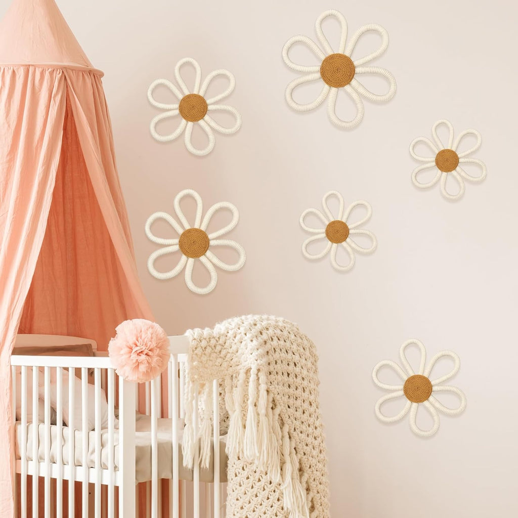 6 Pcs Boho Nursery Decor Daisy Flower Woven Macrame Wall Hanging 3 Size Daisy Flower Wall Decor Bohemian Nursery