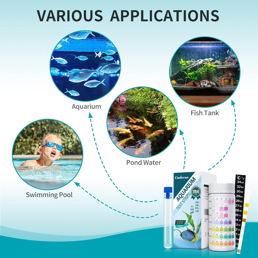 7 in 1 Aquarium Test Kit for Freshwater and Saltwater - 125 Aquarium Test Strips with Test Tube & Thermometer - Fast