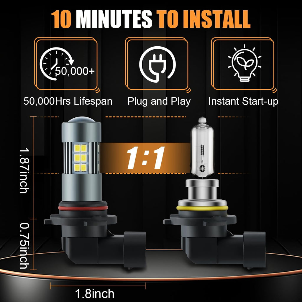 9006 HB4 LED Fog Light Bulbs, Super Bright 6500K Cool White, Plug and Play, Replacement Fog Lights for Car Truck SUV