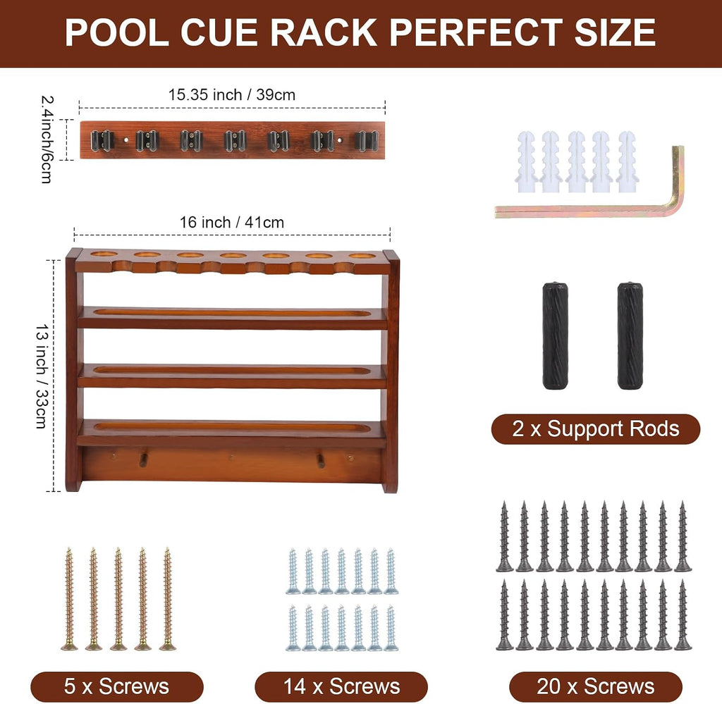 Pool Stick Holder - 7 Pool Cue Rack Wall Mount With Cue Rest and Ball holder, Wooden Pool Table Accessories Equipment
