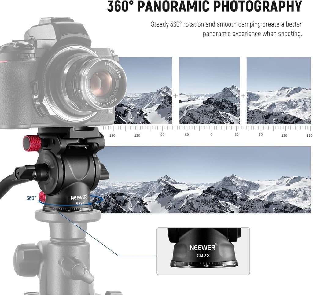 Fluid Tripod Head with Handle & Arca Type Quick Release, Aluminum Alloy Panorama Drag Pan Tilt Head with ø43mm Scaled