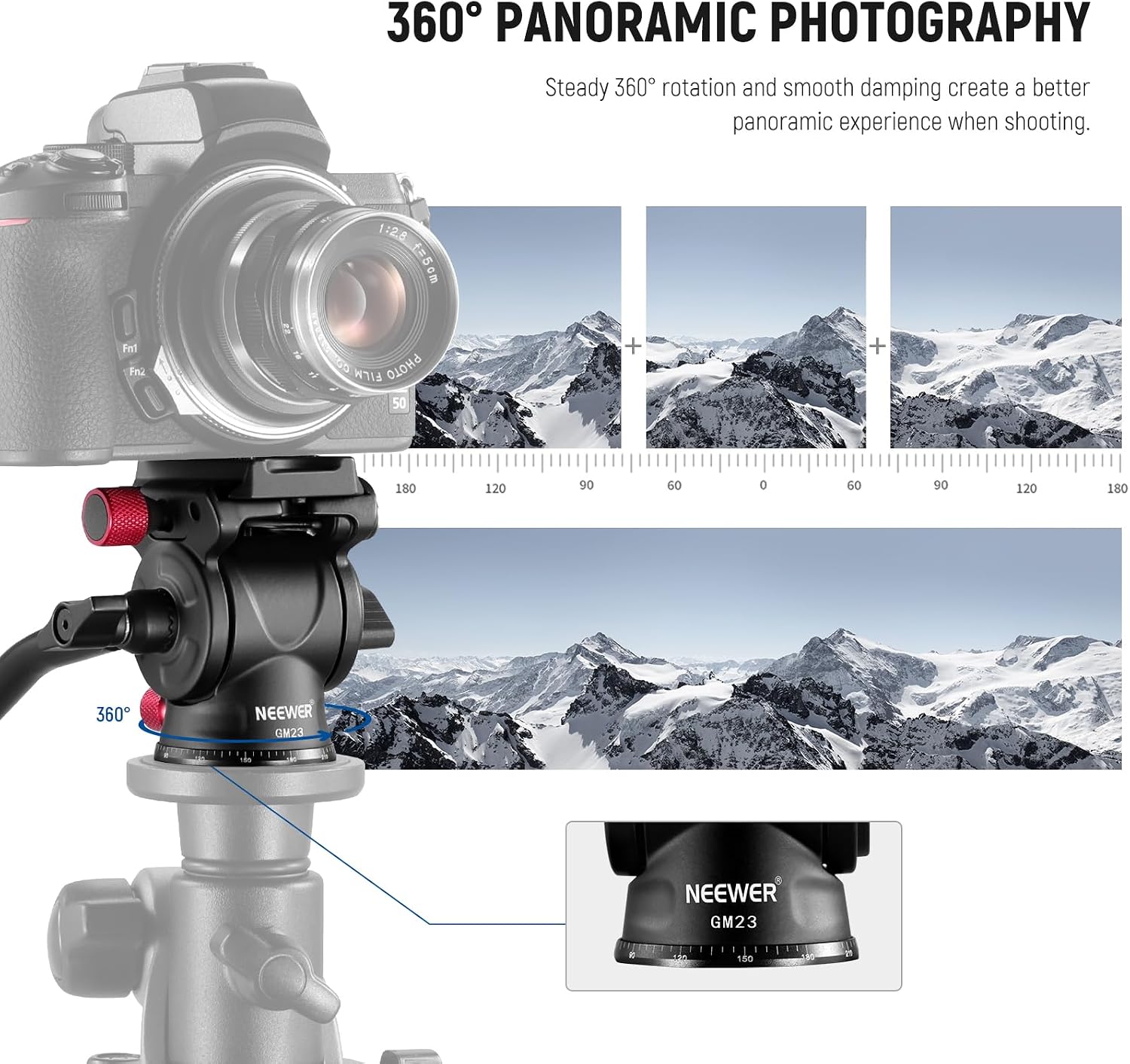 Fluid Tripod Head with Handle & Arca Type Quick Release, Aluminum Alloy Panorama Drag Pan Tilt Head with ø43mm Scaled