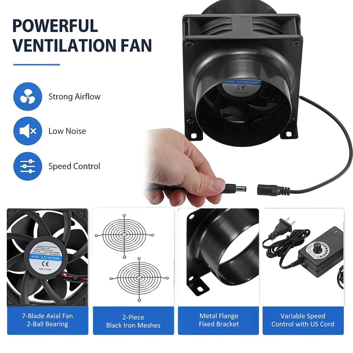 4" Axial Exhaust Fan, DC12V Air Fume Smoke Extractor